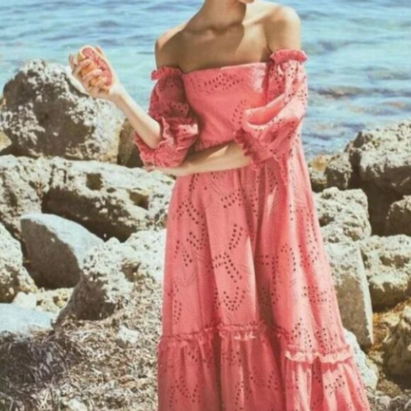 Waimari Dresses & Skirts - Waimari Belmond Coral Pink Puff Sleeve Eyelet Lace Peasant Maxi Dress Size S